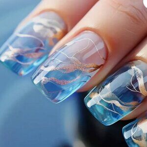 48 Pcs 2 Boxes Short Blue Gradient Press-On Nails Gold Metallic Marble Waves NIB